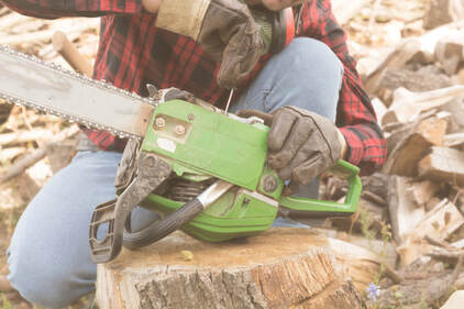 A worker in a black and red plaid shirt using a gree chainsaw.